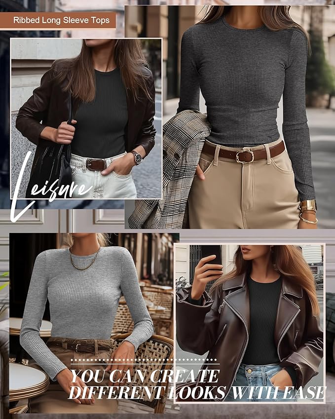 Ficerd 3 Pack Women's Ribbed Long Sleeve Tops, Crew Neck Slim Fit Undershirts Knit Basic Casual Stretch Layering Tee Shirts