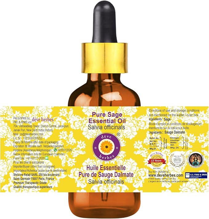 Deve Herbes Pure Sage Essential Oil (Salvia officinalis) with Glass Dropper Steam Distilled 5ml (0.16 oz)
