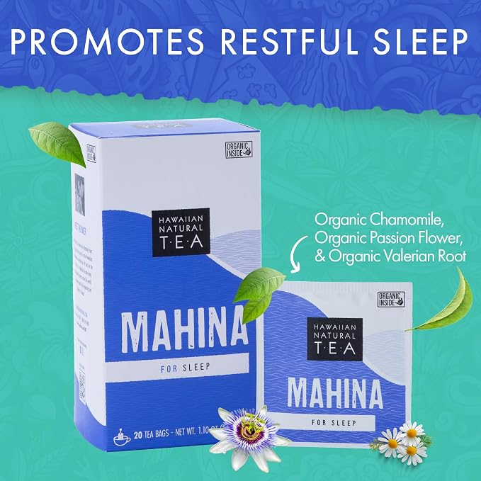 Hawaiian Natural Tea Organic Mahina Chamomile Tea with Passionflower & Valerian Root - Caffeine Free, Herbal, Antioxidant-Rich, For Calming, Wellness, Bedtime, Anxiety & Stress - 60 Bags