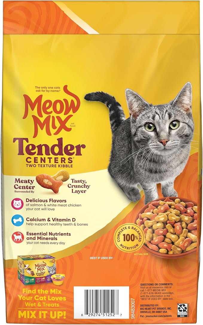 Meow Mix Tender Centers, Salmon & White Meat Chicken Flavors, 4 Bags | 3-lb bags, dry cat food with two texture kibble, meaty center surrounded by a crunchy outer layer