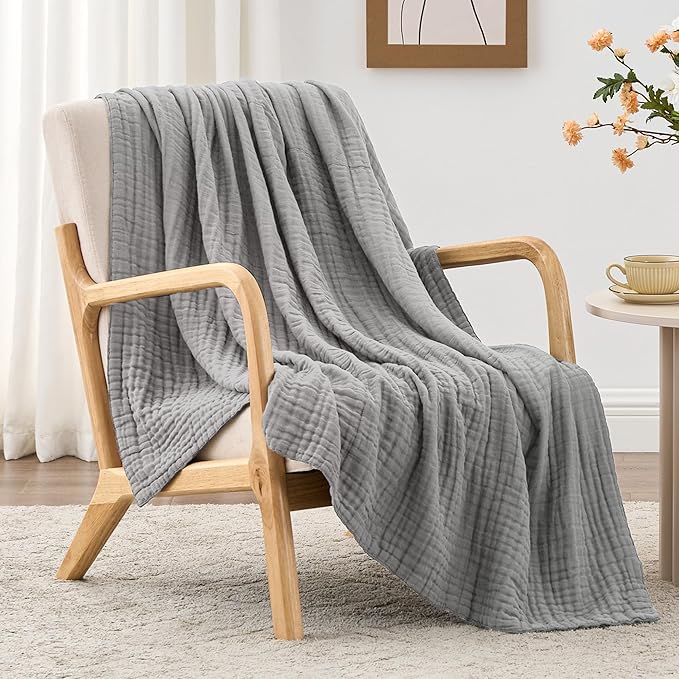 Love's cabin 100% Cotton Muslin Blanket, 6 Layer Lightweight Breathable Gauze Large Throw Blanket 50 x 70 Inches, Soft Cooling All Season Blanket for Couch or Sofa, Medium Grey