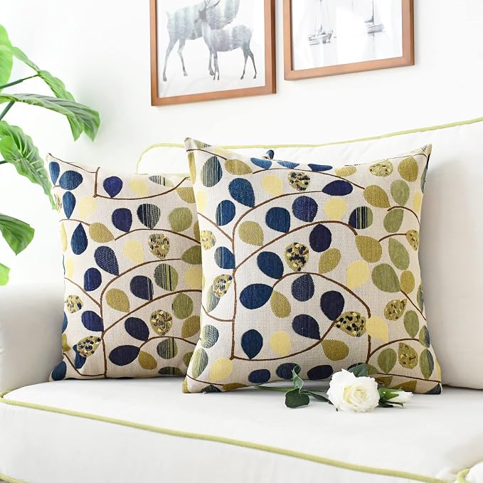 CaliTime Cushion Cover Throw Pillow Case Shell for Couch Sofa Home Decoration Luxury Chenille Cute Leaves Both Sides 18 X 18 Inches Ecru Blue