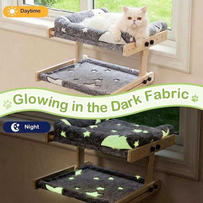 Cat Window Perch, Glow in The Dark Cordless Pet Hammock Bed for Window | Double Layer Cat Window Perch, Adjustable Wooden Window Cats Bed, Removable Cover, Indoor Cats Window Sill Cat Bed