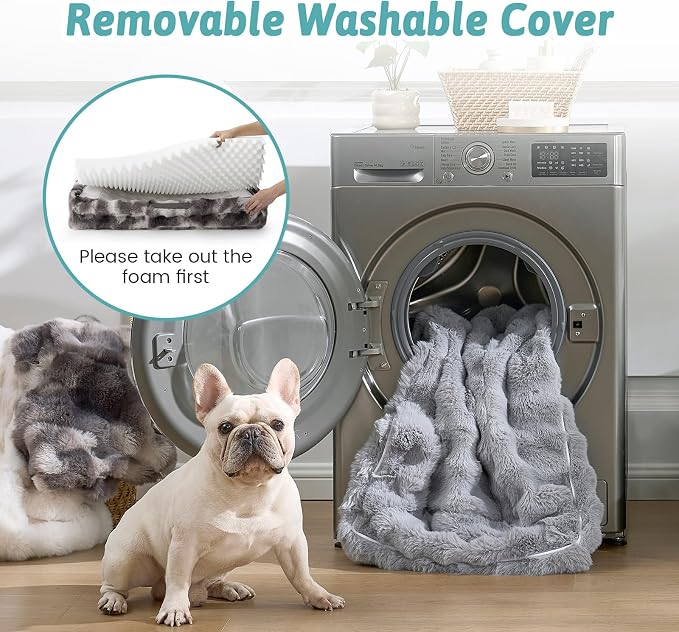 COZY KISS Faux Fur Orthopedic Dog Bed Washable for Extra Large Dogs, XXL | Soft Warm Pet Sofa with Sides or Bolster, Non-Slip and Big Dog Couch with Removable Waterproof Cover, 48x35 in, Tie Dye Grey