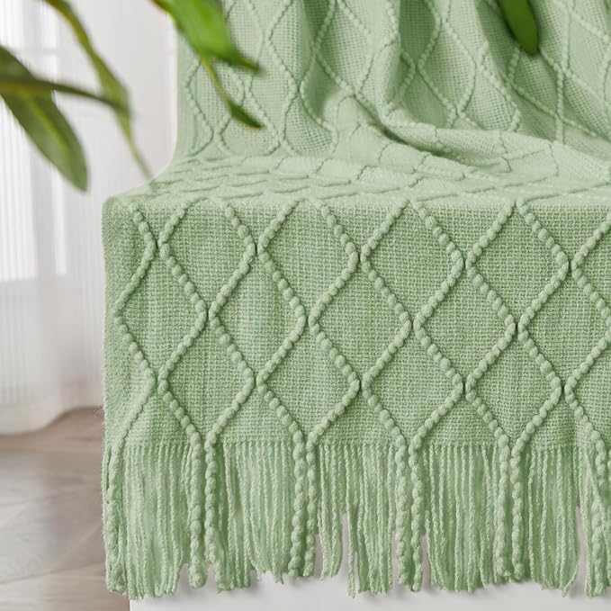 inhand Basil Green Knitted Throw Blanket for Couch and Bed, 60"x80" | Throws for Her or Him, Soft Farmhouse Woven Blanket, Tassel, Lightweight Decorative, Cozy Knit, Warm Living Room Home Decor
