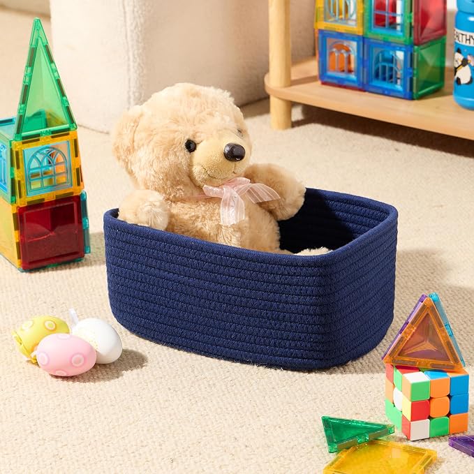 MiniArk Small Storage Baskets for Organizing | Closet Organizer Bins | Shelf Toy Basket | Woven Rope Baskets | Cube Decorative Box | Shallow Basket | 11.5x7.5x4.7” | 3 Packs Navy Blue