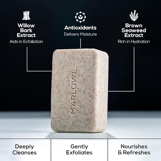 MARLOWE. No. 102 Body Scrub Soap 7 oz (3 Bars), Cedarwood & Sea Salt, Exfoliating Soap Bar with Shea Butter, Olive Oil & Green Tea Extracts, Cleanses, Smooths & Revitalizes Skin, Fresh & Zesty Scent