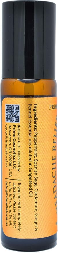 PRIME NATURAL Headache Relief Essential Oil Roll On 10ml, Pre-Diluted, Ready to Use Roller for Migraine, Tension, Calming, Soothing, Grounding, Sore Muscles, Sprain & Sleep (Pack of 2)