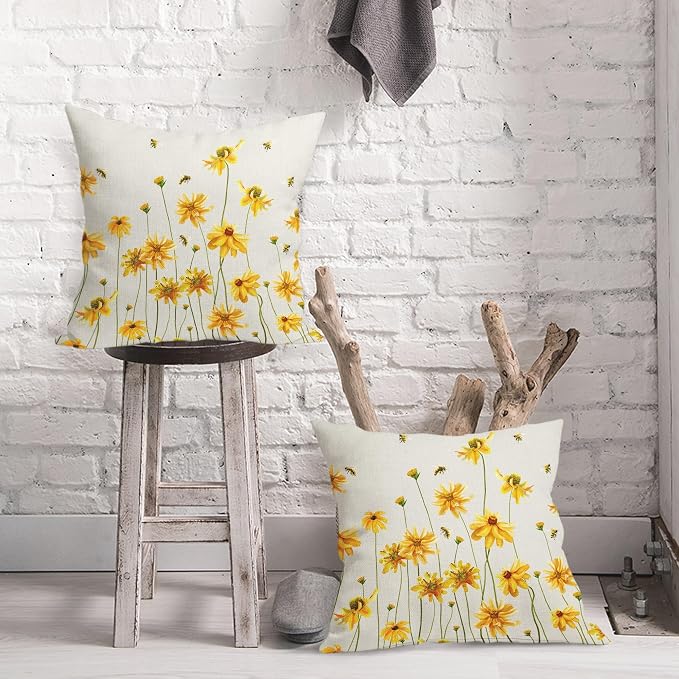 Spring Summer Floral Pillow Covers 18X18 Inch Set of 2 Coreopsis Daisy Yellow Flowers Bee Decorative Pillow Cases Farmhouse Seasonal Cushion Case Farmhouse Home Decor for Sofa Couch Bedroom Outdoor