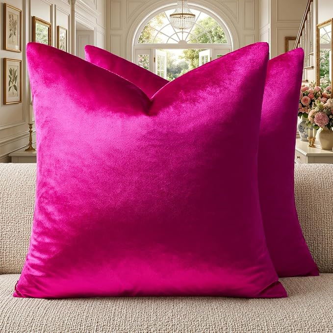 GIGIZAZA Hot Pink Velvet Pillow Covers 16x16 Decorative Pillows Pack of 2 | Throw Pillows for Couch Sofa,280gsm Soft Textured Fabric,Modern Square Pillowcases,Luxury Cushion Covers