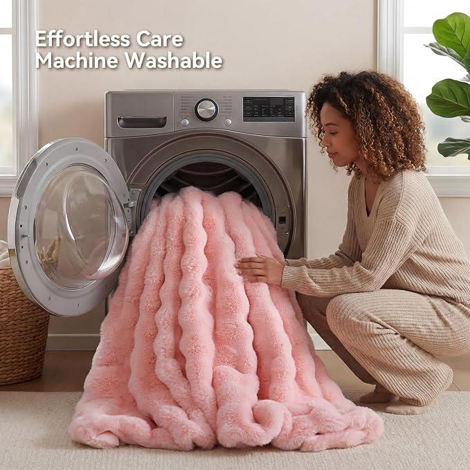 Faux Rabbit Fur Throw for Couch - Blush Pink Bubble Blanket 50"x60" | Fluffy Plush Fuzzy Throw for Sofa & Bed, Super Soft Cozy Comfrt Blanket, Luxury Aesthetic Pink Decor Gift for Women