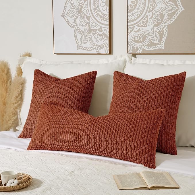 Kevin Textile Soft Corduroy 14"x36" Lumbar Pillow Cover 1 Pack, Rust | Fall Boho Stripe Plush Corduroy Decorative Oblong Cushion Cover Modern Farmhouse Home Decor for Sofa Couch Bed Chair