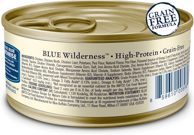 Blue Buffalo Wilderness High-Protein & Grain-Free Wet Cat Food Paté for Adult Cats 7+,Made with Natural Ingredients,Chicken Recipe,3-oz. Cans,(Pack of 48)