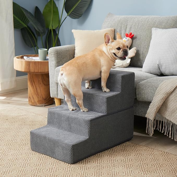 EHEYCIGA Dog Stairs for Bed 18" H, 4-Step Extra Wide Dog Steps for High Bed, Pet Steps for Small Dogs and Cats, Non-Slip Balanced Pet Ramp Indoor, Grey