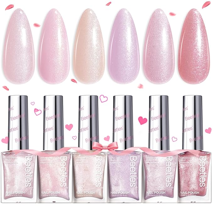 Beetles Pink Nail Polish Set, 6 Colors Glitter Quick Dry Nail Polish Kit Sly Moonlit Fairy Fingernail Polish Gifts for Women Salon DIY Spring Nails