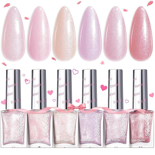 Beetles Pink Nail Polish Set, 6 Colors Glitter Quick Dry Nail Polish Kit Sly Moonlit Fairy Fingernail Polish Gifts for Women Salon DIY Spring Nails