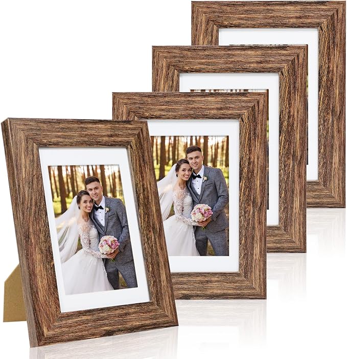 Hongkee 4x6 Picture Frame Set of 4, with Real Glass and Rustic Brown Wooden Frame, 4 by 6 Photo for Wall or Tabletop - Display Picture 3.5x5 with Mat or 4x6 Without Mat