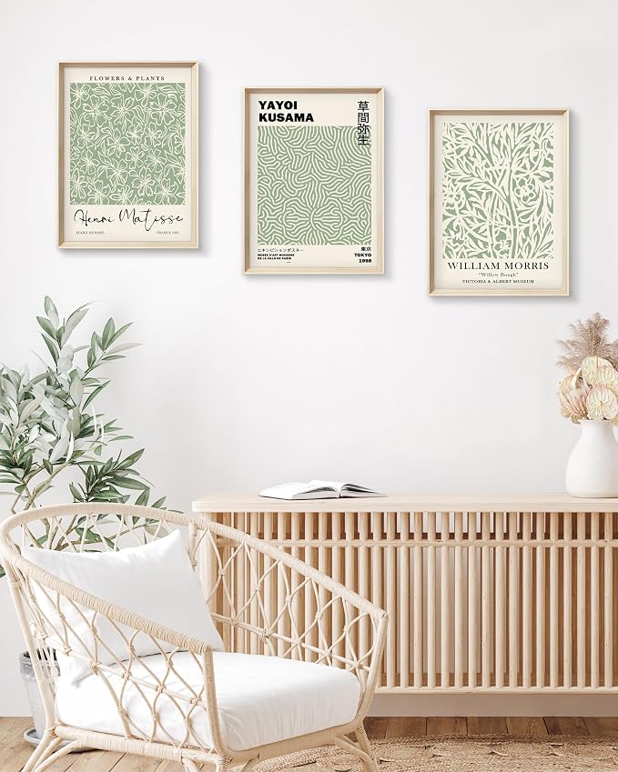 HesenDot Framed Wall Art Set of 3, Sage Green Botanical Wall Decor | 12x16IN High Framed Design Canvas Prints, Matisse Inspired Minimalist Art for Living Room Bedroom Bathroom