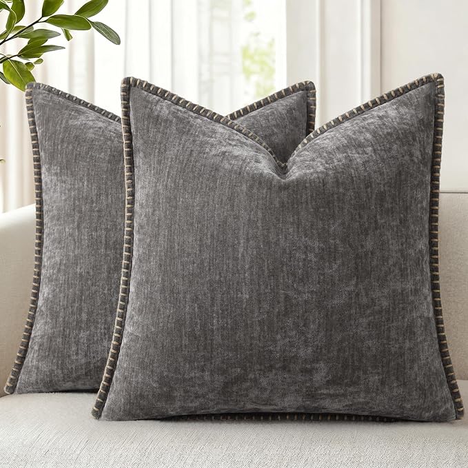decorUhome Soft Chenille Throw Pillow Covers 20x20 Set of 2 Dark Grey | Fall Textured Decorative Throw Pillow Cases Stitched Edge Modern Farmhouse Luxury Boho Velvet for Couch Sofa Bed Home Decor
