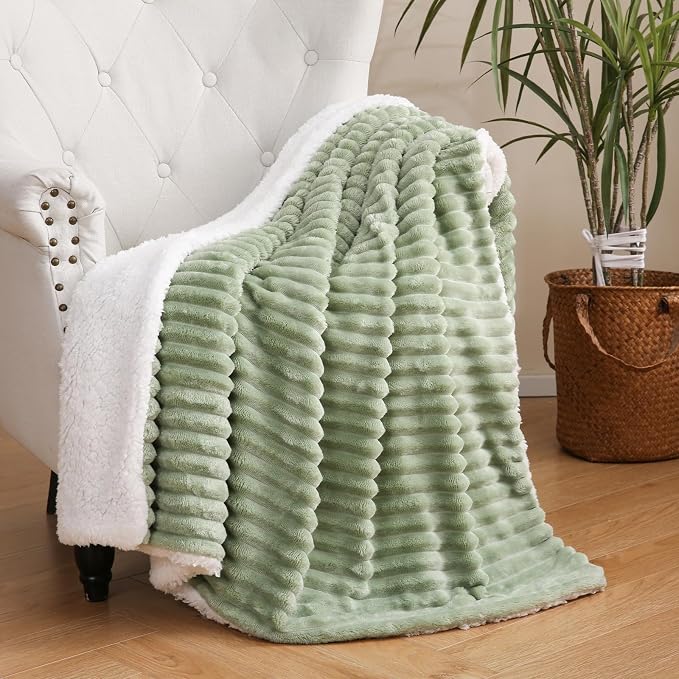 Sage Green Sherpa Fleece Throw Blanket 50”×60” for Couch Sofa Bed | Double Side Soft Fuzzy Cozy Plush Thick Flannel Blanket with Striped Design Gift for Adults,Woman