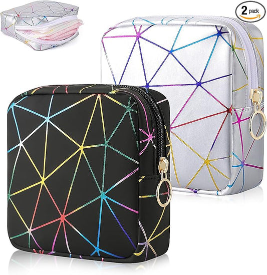 Sanitary Napkin Storage Bag, Menstrual Cup Pouch Nursing Pad Holder Tampon Bags Feminine Product Pouches Portable Period Kit Bag for Girls Women Ladies 2 Pack (Dazzling Black/Silver)