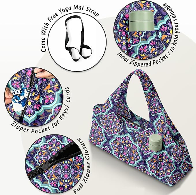 Women's Yoga Bag with Yoga Mat Carrier - Large Mat Pocket Fitness Tote for Pilates, Gym, Travel, Office & Beach