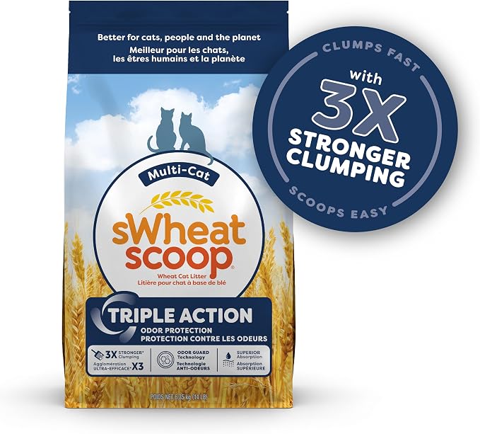 sWheat Scoop Triple Action Natural Wheat Cat Litter Odor Guard Technology, 3X Stronger Clumping, Super Absorbtion, 99.5% Dust Free Performance, 28 Pounds