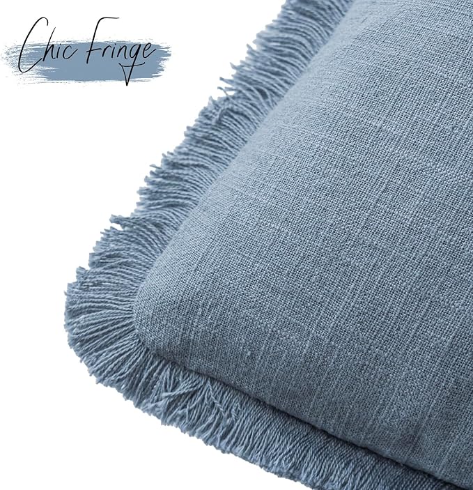Foindtower Set of 2 Decorative Linen Fringe Throw Pillow Covers Cozy Boho Farmhouse Cushion Cover with Tassels Soft Accent Pillowcase for Couch Sofa Bed Living Room Home Decor, 16×16 Inch, Misty Blue