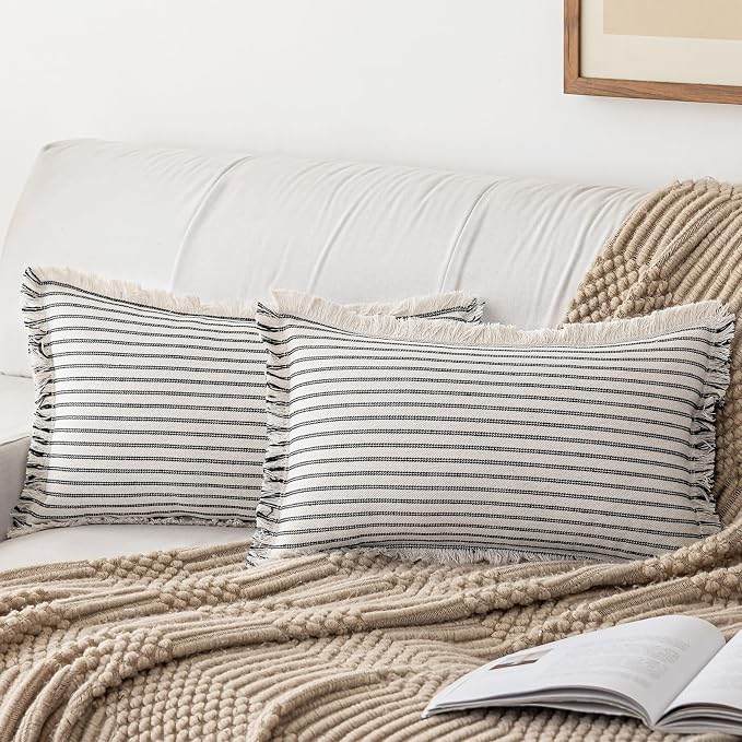 YEENAASY Throw Pillow Covers 12x20 Boho Striped Pillow Cases with Tassel | Set of 2 Fringe Pillow Cover Farmhouse Cushion Covers Neutral Pillows Decorative Lumbar Pillowcase for Couch Sofa Bed, Black