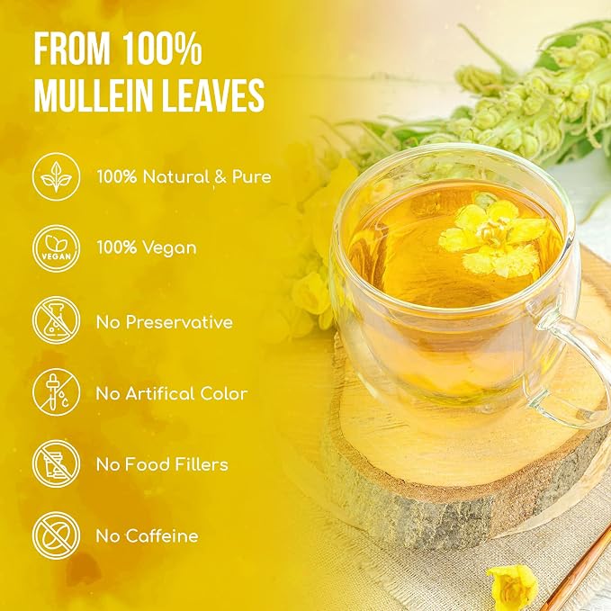 FreshDrinkUS, Premium 10 Mullein Leaf Tea Bags for Lungs, 100% Natural & Pure Mullein Leaves. Mullein Herbal Tea. Made with Natural Material Tea Bags. No Sugar, No Caffeine, No Gluten, Vegan.