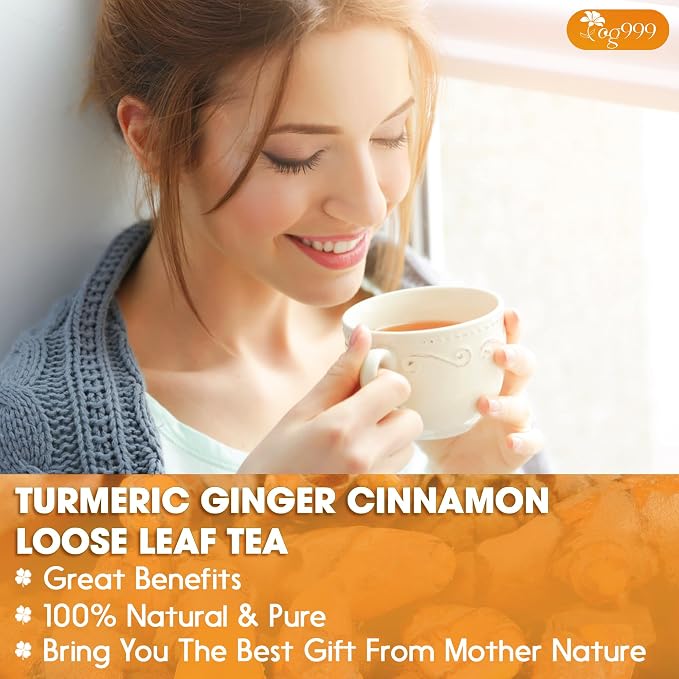 TOG999, Premium 12oz Ginger Turmeric Cinnamon Loose Leaf Herbal Tea. Improve Digestion, Support Brain, Weight, Skin and Sleep. Premium Quality Spiced Blend. No Sugar, No Caffeine, No Gluten, Vegan.