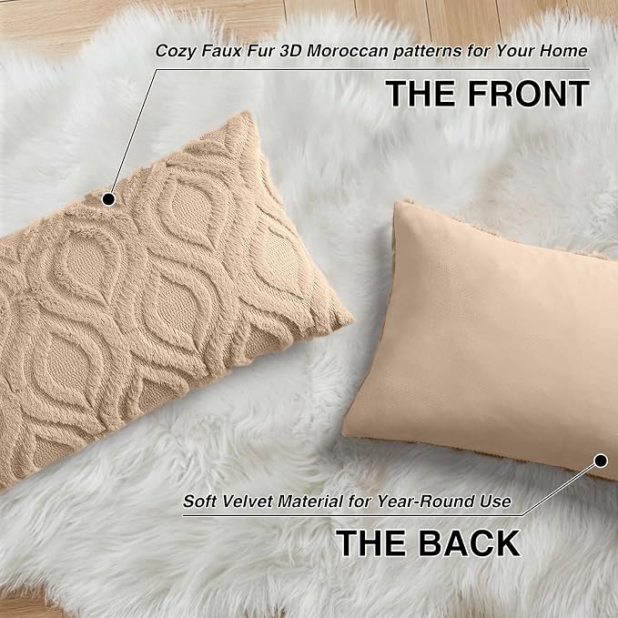 decorUhome Faux Fur Soft Light Khaki Throw Pillow Covers 12x20 Set of 2 | Plush Solid Fall Couch Pillow Covers, Accent Modern Farmhouse Neutral Decorative Square Pillow Cases for Sofa Bed Living Room