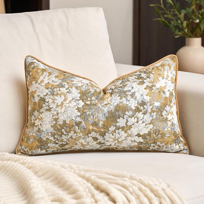 Alerfa Yellow Neutral Floral Pillow Cover 12 x 20 Inch, Vintage Chenille Rectangle Couch Pillow Cover Soft Decorative Farmhouse Accent Pillowcase for Living Room Bedroom