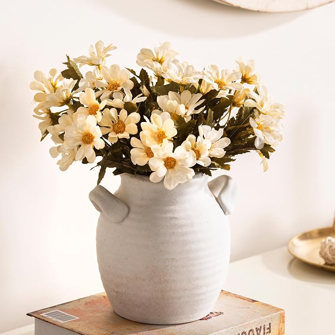 Vanselia Ceramic Flower Vase Home Decor - Farmhouse Table Vases with Handle Living Room Decoration Vintage Decorative Aesthetic for Shelf Coffee Dining Desk House Bookshelf Fireplace (6" Rustic)