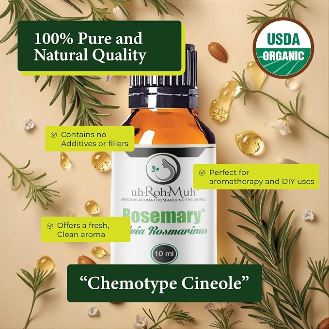 Organic Rosemary Essential Oil Chemotype Cineole | 100% Pure Steam Distilled Rosemary Oil | Fresh Herbaceous Aroma for Diffuser Aromatherapy, Massage Blends & DIY Recipes | Spain – 10ml