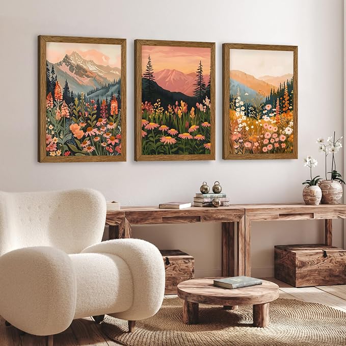 WRFON Botanical and Flower Canvas Wall Art, Framed Mountain Landscape Wall Art Set of 3, Wildflower Meadow Canvas Print, Rustic Nature Decor for Living Room Bedroom Cabin Lodge Farmhouse Decor, 20x30