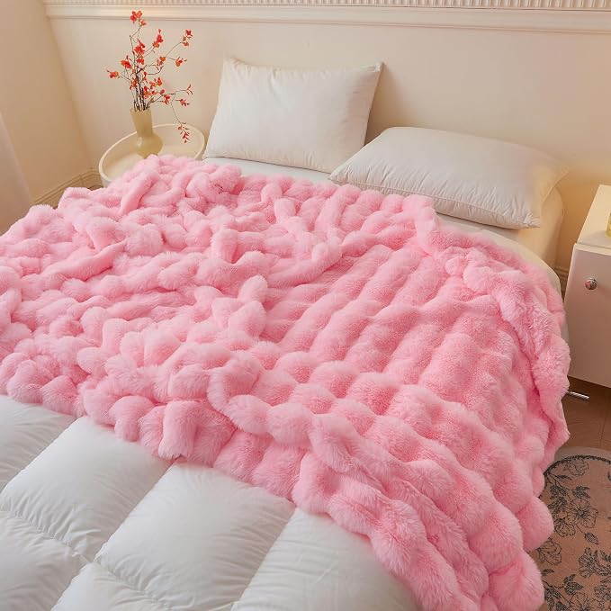LIFEREVO Luxury Fluffy Faux Rabbit Fur Throw Blanket 50x60, Pink | Plush Shaggy Bubble Blanket for Bed Couch Sofa Office, Decorative Soft Cute Furry Lap Throw for Kids Teens Adults, Washable