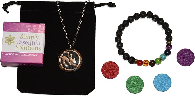 Aromatherapy Essential Oil Diffuser Stainless Steel 30MM Silver Magnetic Locket Pendant 2 Sizes Chain Necklace, Colored Refill Pads & Diffuser Bracelet in a Velvet Bag (fbastretchingskinnycat)