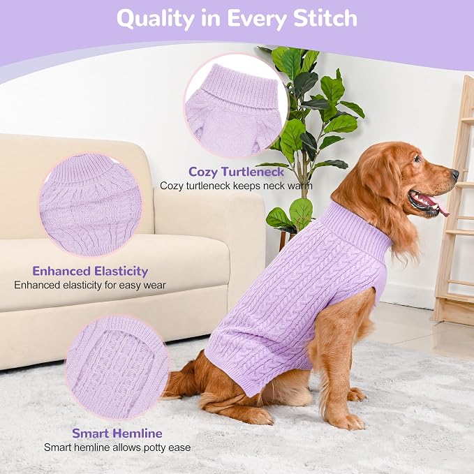 Dog Sweater 2 Pack for Large Dogs, Size XXL, Pink & Purple | Stretchy cable knit turtleneck, machine washable, high belly cut, comfy winter fit for Golden Retriever, Labrador