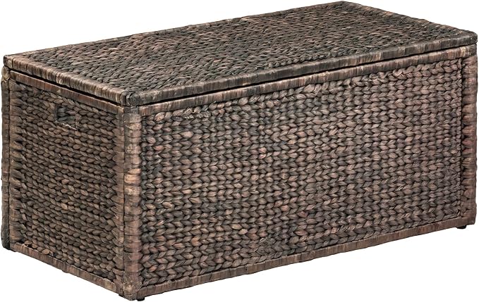Wicker Storage Trunk, Brown Wash, 42x20x18.5 | 2 Safety Hinges, Metal Frame, Heavy-duty, Water Hyacinth
