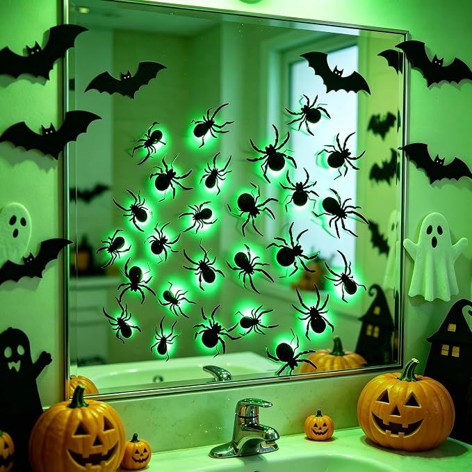 DR.DUDU 36 Pack Halloween Wall Decor Light up Spiders, Green | 3D Spider Stickers, Removable Wall Decals, Assorted Sizes, PVC, Window Decorations, For Indoor Outdoor Bathroom Home Party