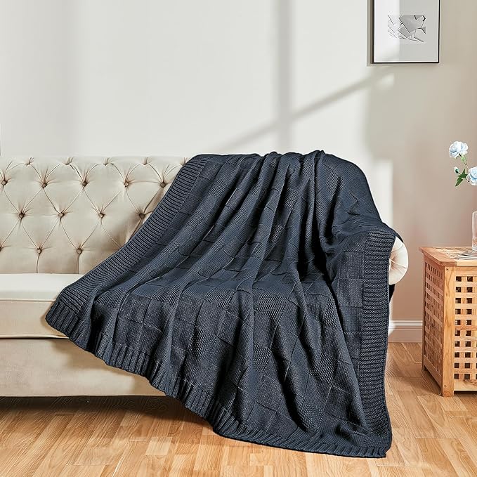 CozeCube Navy Blue Knitted Checkered Throw Blanket 60"X80" | Check Knit Throw for Couch, Decorative Christmas Soft Cozy Warm Blanket for Bed Sofa Living Room