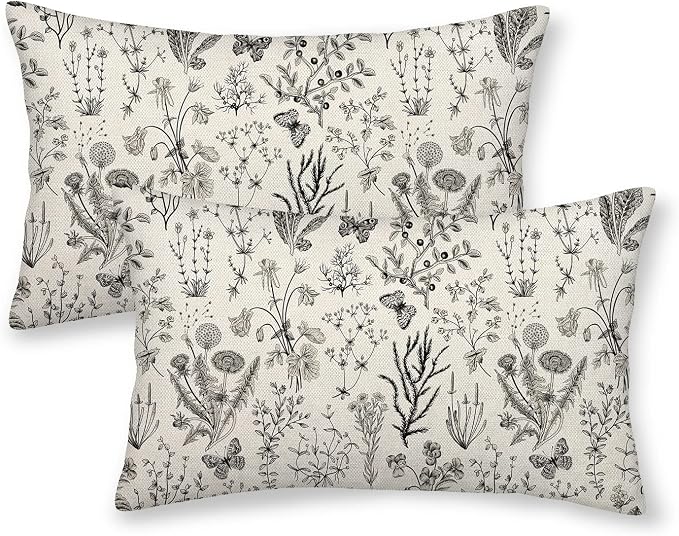 AEIOAE Spring Pillow Covers 12x20 Inch Set of 2,Black Gray Wild Flower Plant Throw Pillows Case,Seasonal Floral Outdoor Decorative Linen Farmhouse Decor Cushion Covers for Home Sofa Bed Couch