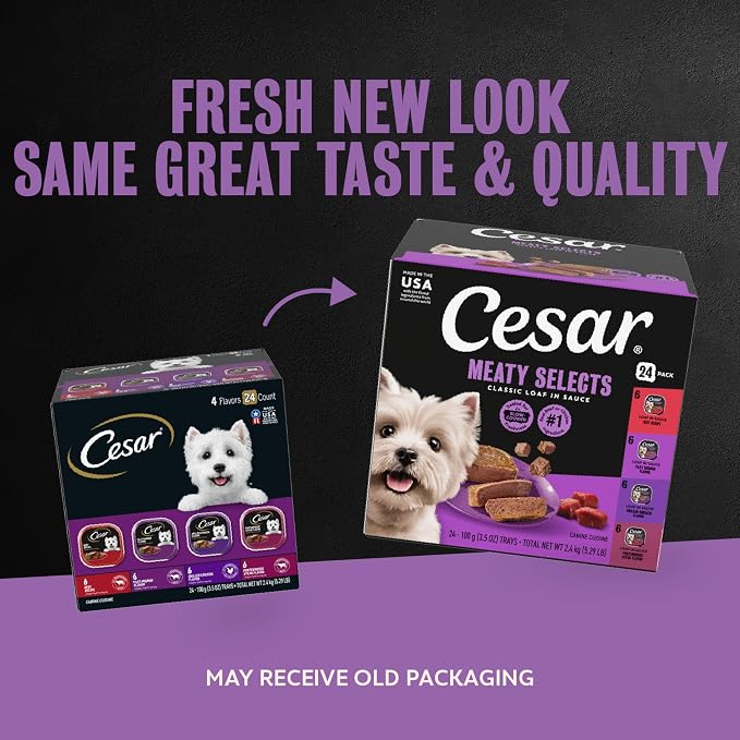 Cesar Classic Loaf in Sauce Wet Dog Food, Meaty Selects, 3.5 oz, 24 Count | Made in USA, Real beef or chicken #1 ingredient, no fillers or artificial flavors, slow-cooked, easy peel trays