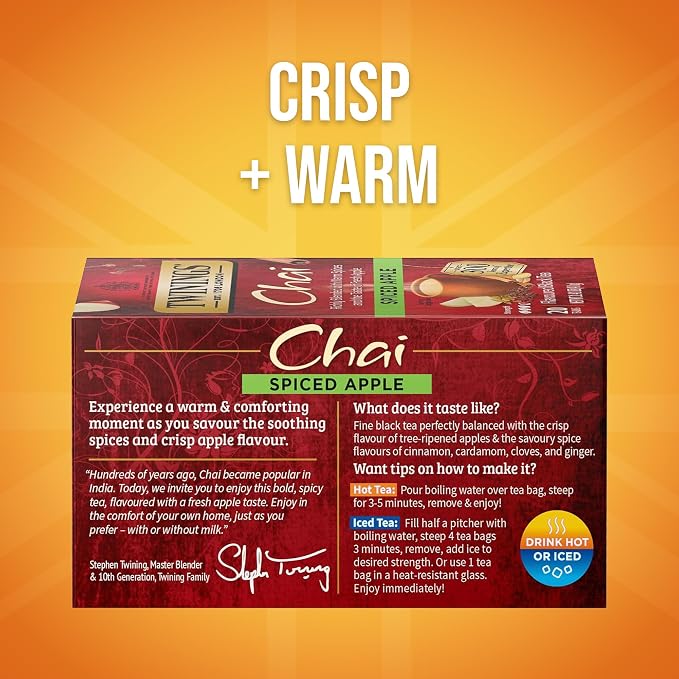 Twinings Spiced Apple Chai Black Tea Individually Wrapped Bags, 20 Count (Pack of 6), Sweet, Savoury Spices, Caffeinated, Enjoy Hot or Iced, 120 Teabags