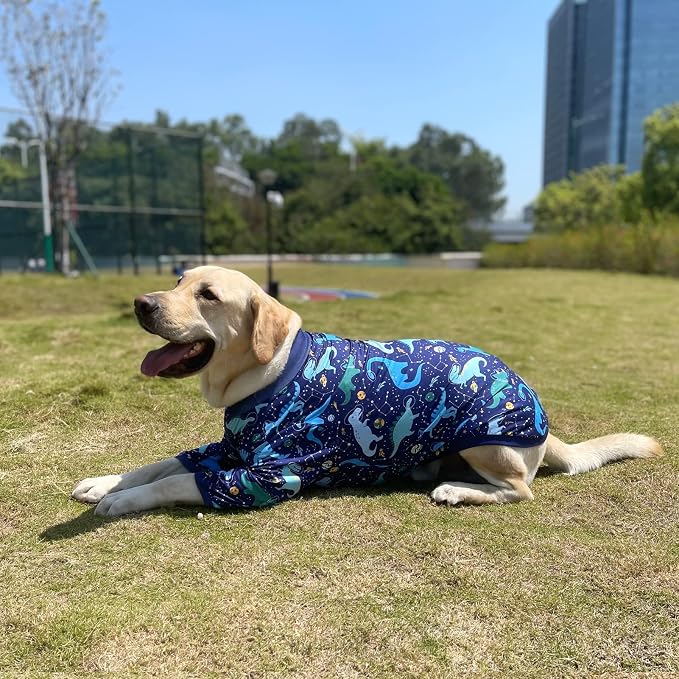 Dog Navy T Shirts with Universe Dinosaur Pattern Printed Pet Shirt Softable Pajamas for Large Dogs (L, Navy)