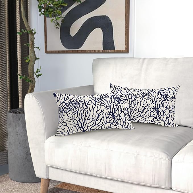 Nautical Coastal Coral Lumbar Pillow Covers 12x20 Inch Set of 2 Summer Ocean Beach White Blue Decorative Pillow Cases Outdoor Linen Cushion Cover Farmhouse Decor for Bedroom Home Sofa Couch Bed