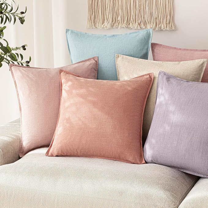 Foindtower Pack of 2, Decorative Linen Solid Throw Pillow Covers Soft Accent Euro Cushion Case Farmhouse Neutral Pillowcase for Chair Couch Sofa Bedroom Living Room Home Decor 20 x 20 Inch Coral Pink