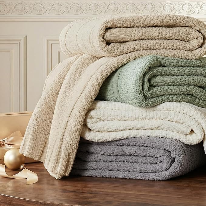 Chenille Throw Blanket for Couch, Soft Cozy Chunky Knit Blanket, Moss Stitch Throw for Sofa, Bed, Living Room, Lightweight Warm Home Decor, Sage Green 60"x80"