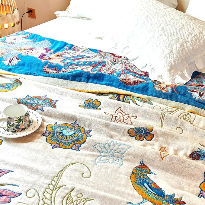 VANJOROY Boho Throw Blanket, 100% Organic Cotton Breathable Skin-Friendly Ultra Soft Bed Quilt Throw - All Season Floral Bird Farmhouse Décor Luxury Blanket for Sofa Couch Chair and Gift. 50" x 60"